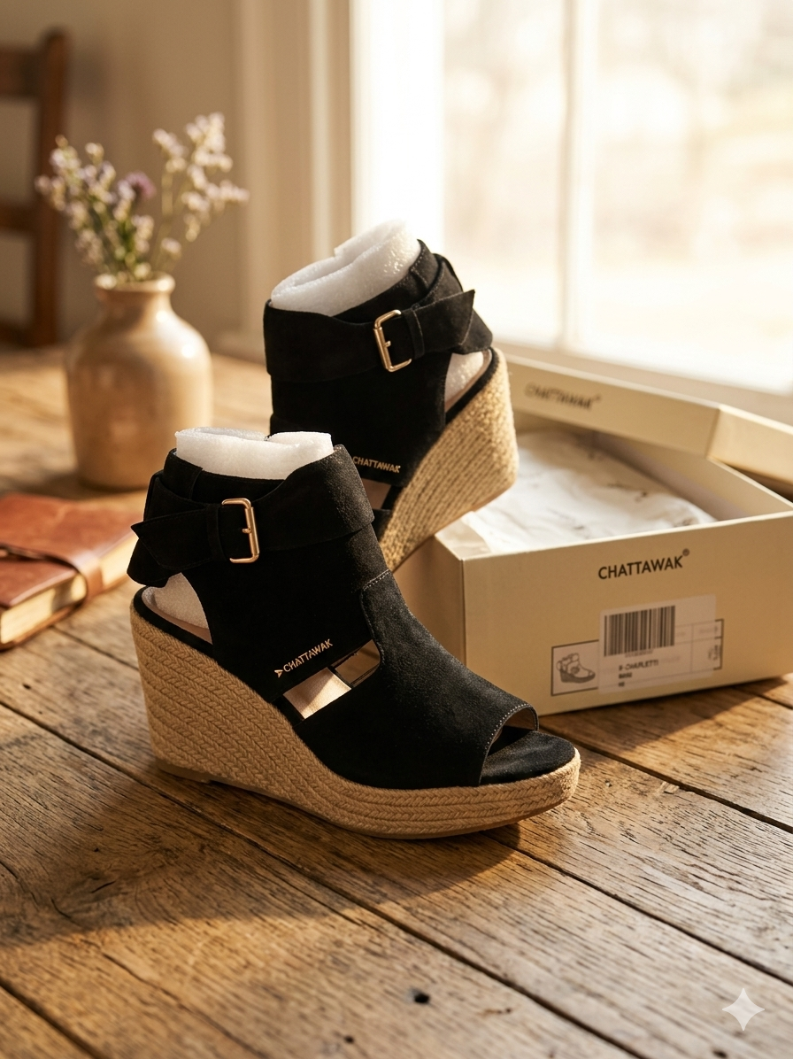 Sandalias de Cuña Tipo Alpargata Chattawak (Modelo 5-CHARLOTTE) – Negras (Talla 41)