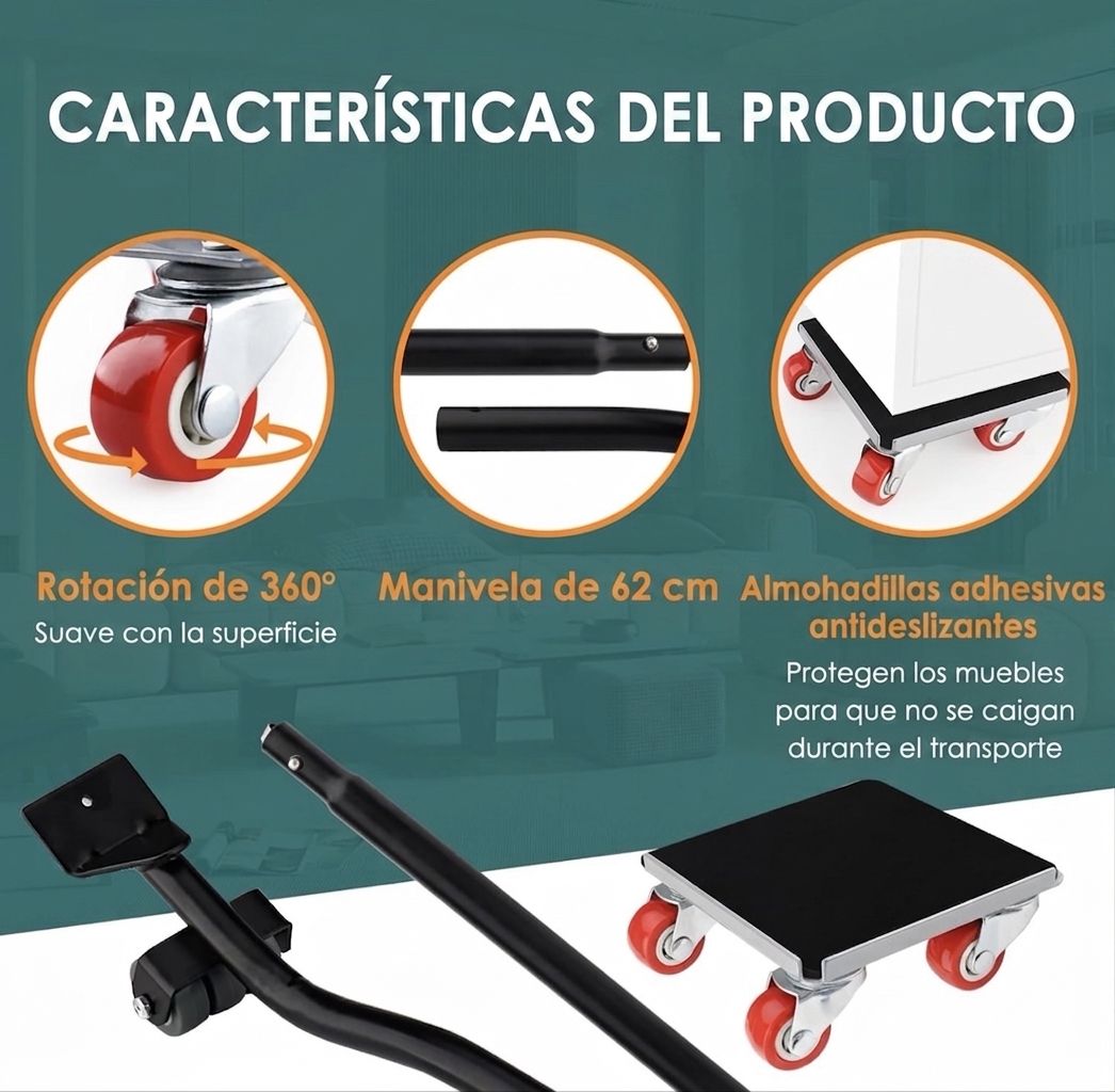 Set Transportador de Muebles Profesional – Capacidad 600 kg (Juego de Ruedas Giratorias 360°)