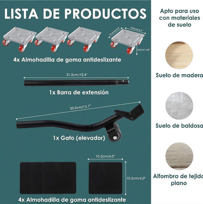 Set Transportador de Muebles Profesional – Capacidad 600 kg (Juego de Ruedas Giratorias 360°)