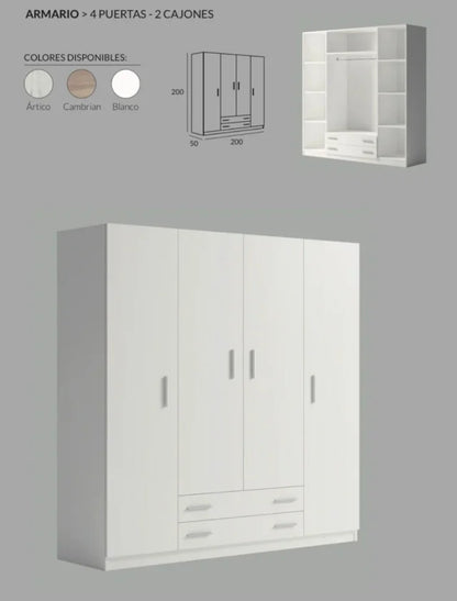 Armario de Gran Capacidad de 4 Puertas y 2 Cajones (200×200×50 cm)