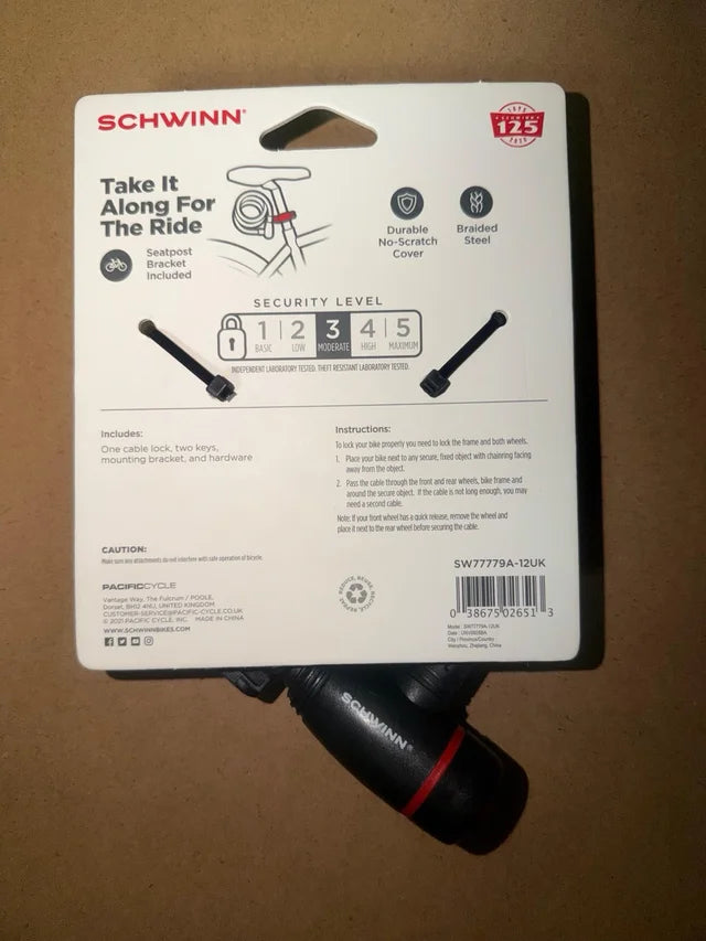 Candado de Cable de Acero de Alta Resistencia Schwinn – 1,8 m
